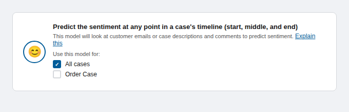 Case sentiment model screen with options to select the case type for sentiment prediction.
