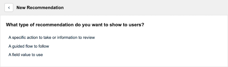 New Recommendation screen that presents available recommendation types.