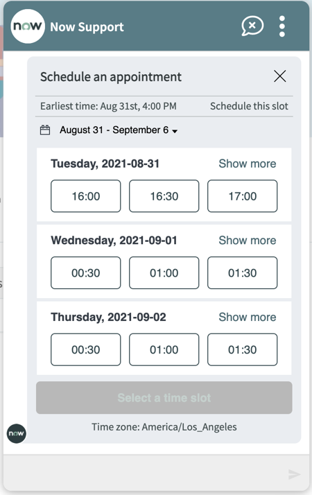 Virtual Agent chat window with dates and times that are available for the appointment being scheduled.