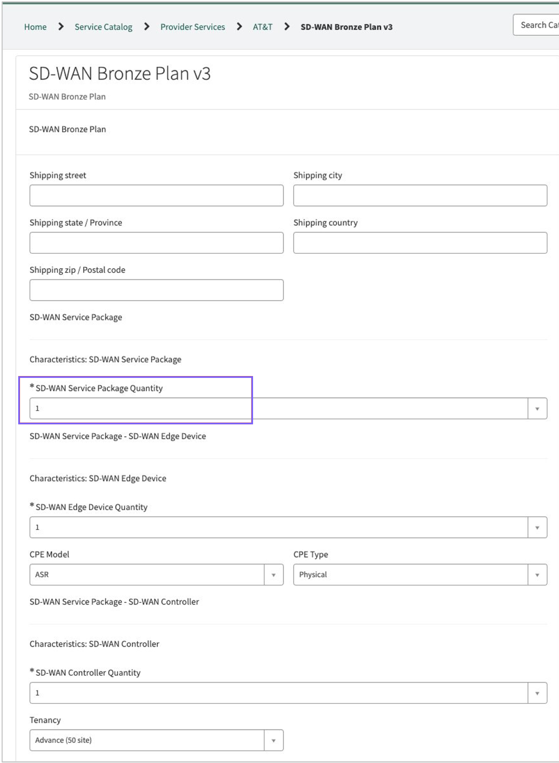 特性オプション付きの 3 つのコンポーネントがある SD-WAN Bronze Plan v3 のバンドル製品オファー