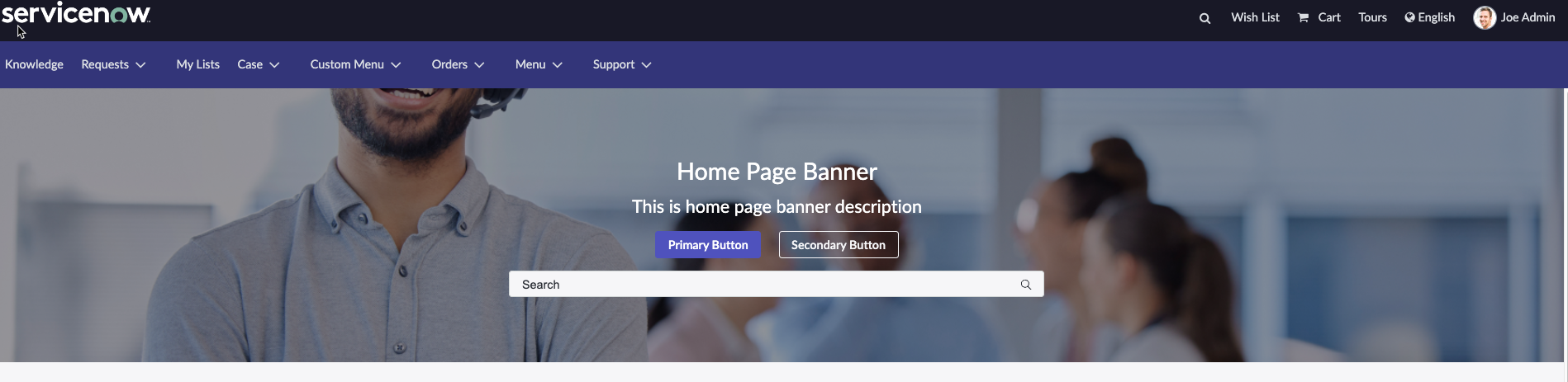 Portal-Mega-Menü-Widget, das verschiedene Seiten auf der Portal-Homepage anzeigt