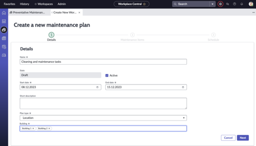 [新しいメンテナンス計画を作成 (Create and publish maintenance plans)] フォーム
