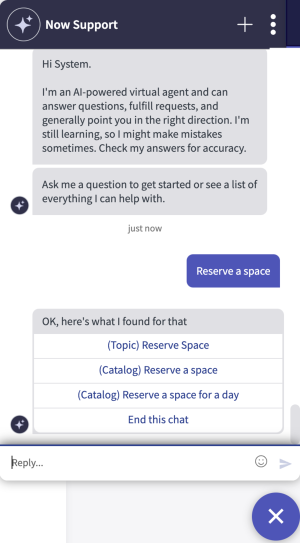 スペースを予約するための Now Assist トピックを選択するオプション。