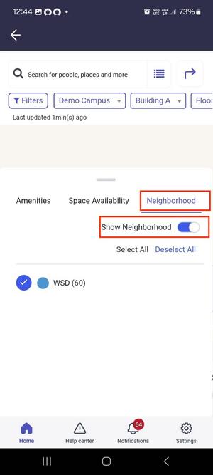 Now Mobile で近隣を有効にするオプションを表示するナビゲーションバー。