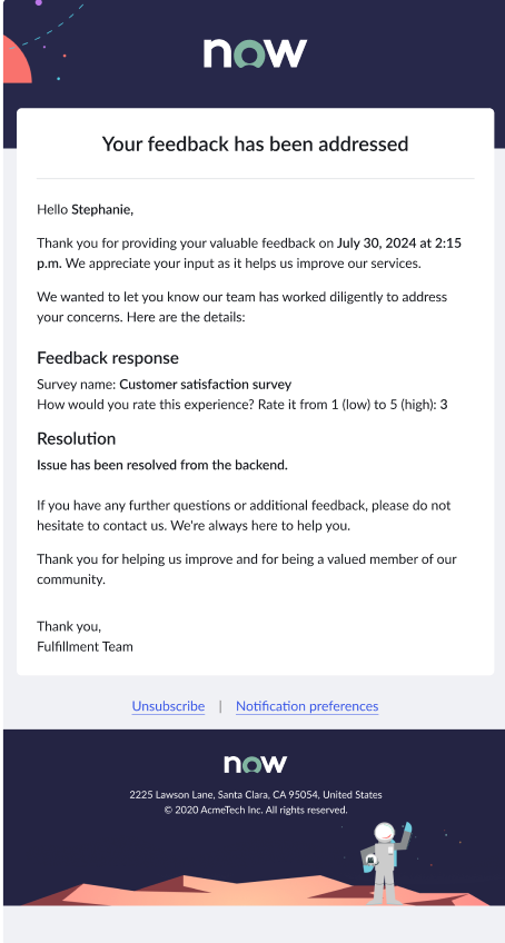 フィードバックメールには、フィードバックへの応答と提供された解決策が表示されます。