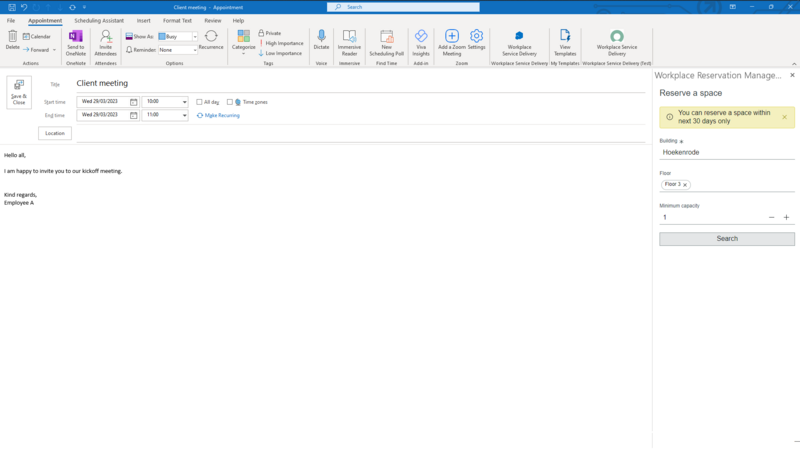 Microsoft Outlook アプリケーションの職場予約アドインウィンドウ