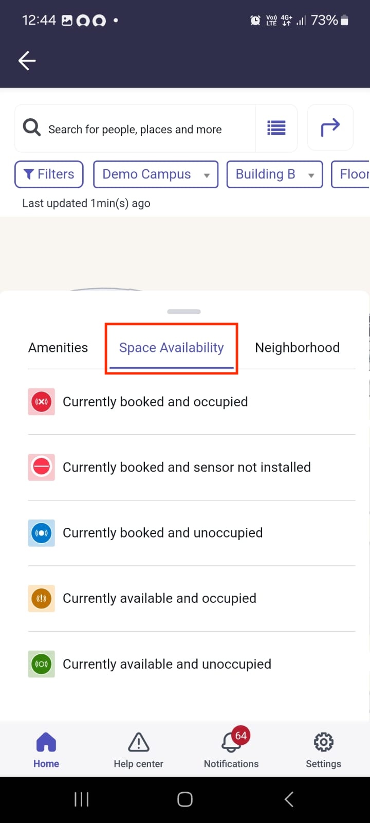 予約と占有ステータスに基づくスペースの可用性を示すマップ凡例。