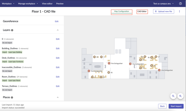[マップ構成] タブと [CAD エディター] タブが表示されている [CAD 構成] ページ。