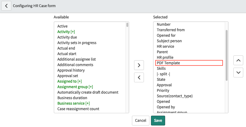 HR ケースフォームで、[PDF テンプレート] フィールドを追加します。