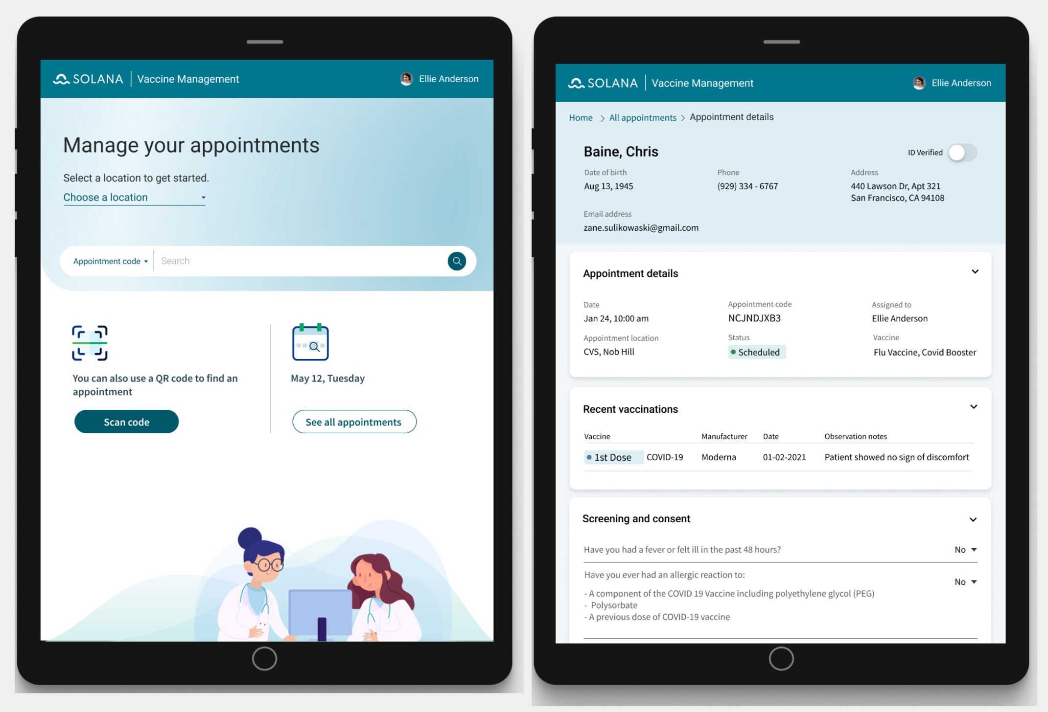 Infografik zum Vaccine Administration Management ]-Patientenportal, in dem Anwender ihre Impftermindetails verwalten können. Weitere Informationen zu dieser Anwendung finden Sie im folgenden Text.