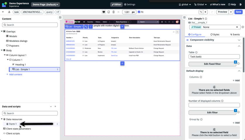 Form controller displays in the data resource section.