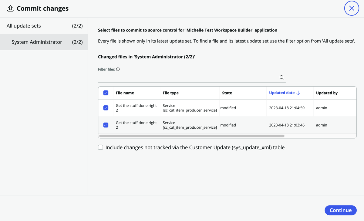 Select files to commit to source control