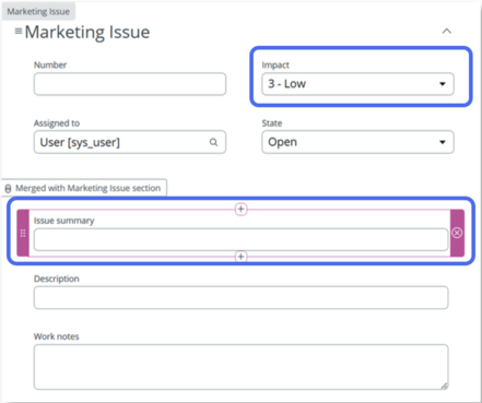 Configure the Marketing Issue form with an Issue summary field and an impact field.