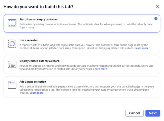 Start from an empty container option selected.