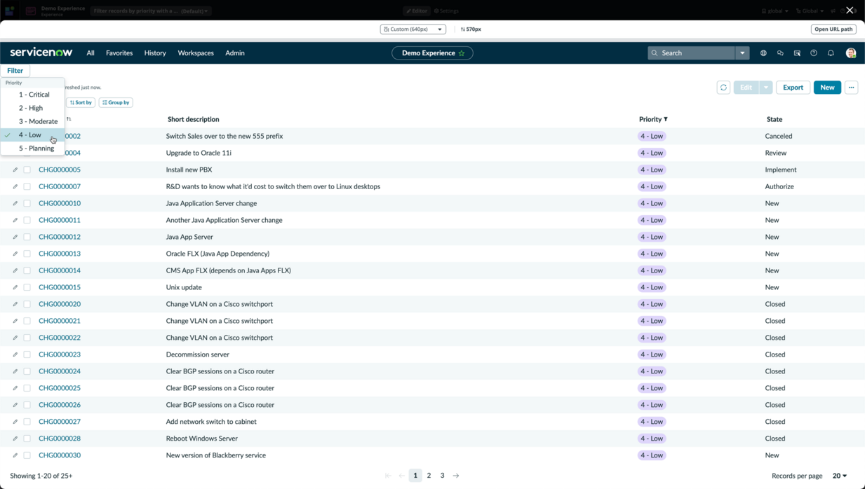 Preview of UI Builder page showing the record list filtered for a specific priority.