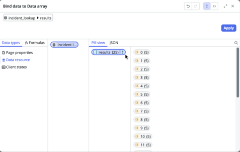 Data binding modal showing the selection of data resource pills to configure the repeater.