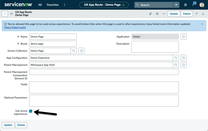 Arrow pointing to the Use across experiences check box.