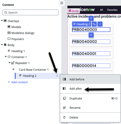 Content tree with black arrow pointing to menu icon and black arrow pointing to add after option in floating menu.
