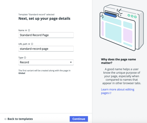 Page details screen with name, URL path, and type fields.