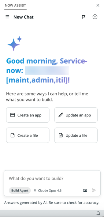 Begin a conversation by selecting an option to create or update an app or app file.