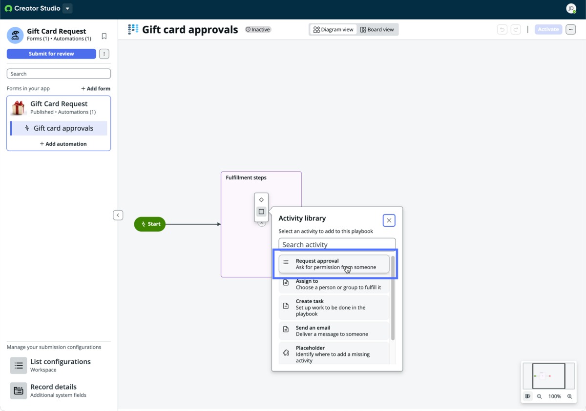 Select to add a Request approval activity