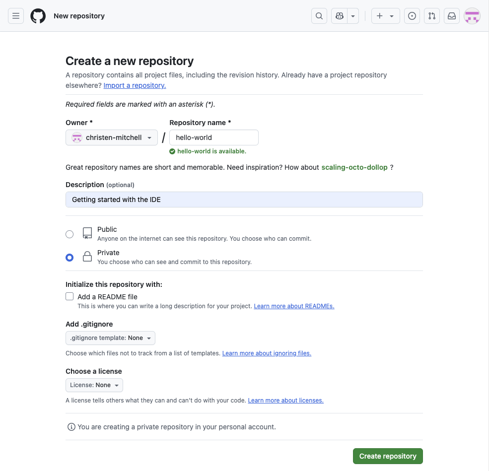 Create a new repository form in GitHub.