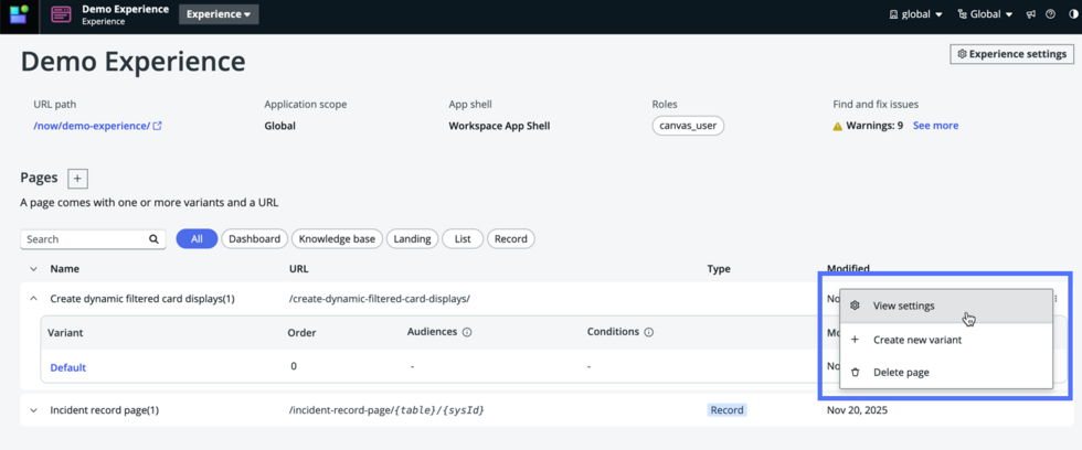 Settings link selected from More actions menu to edit page settings.