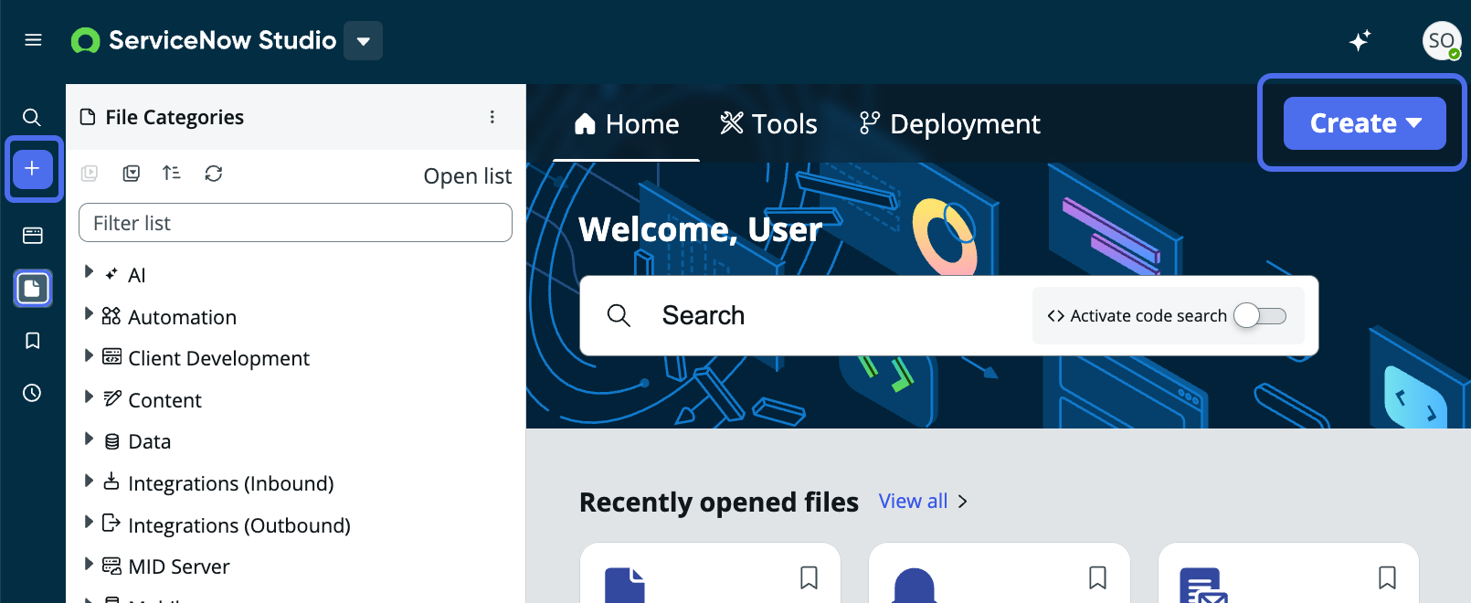 There are two create buttons, one on either side of the screen. Click either Create button to start developing an app.