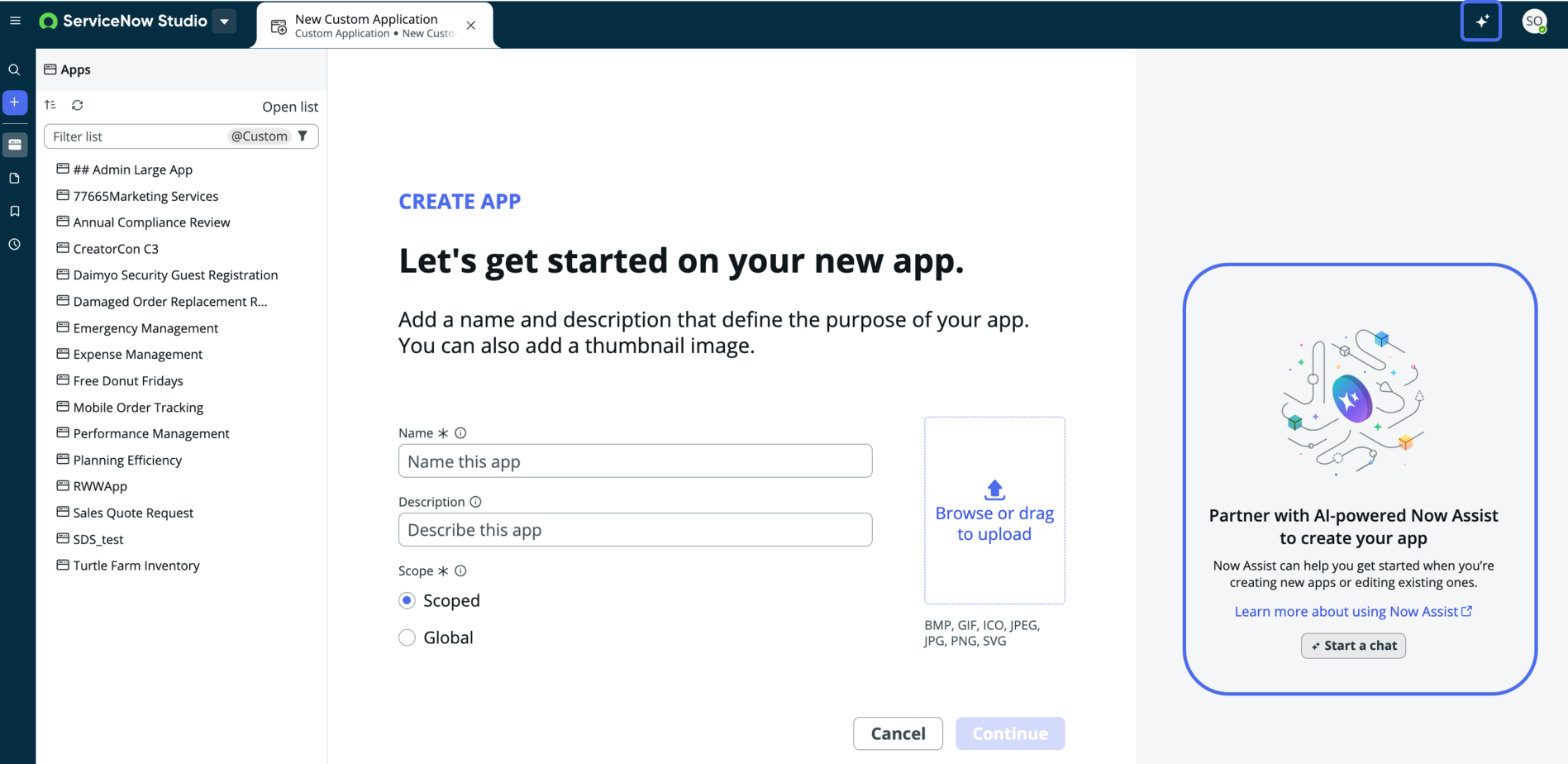 Use Now Assist to help you create an app, accessible from the home page menu bar or the New Custom Application tab.
