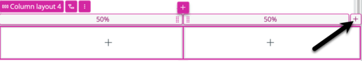 Stage shown with a column layout selected and a black arrow pointing to the plus icon for adding additional columns.