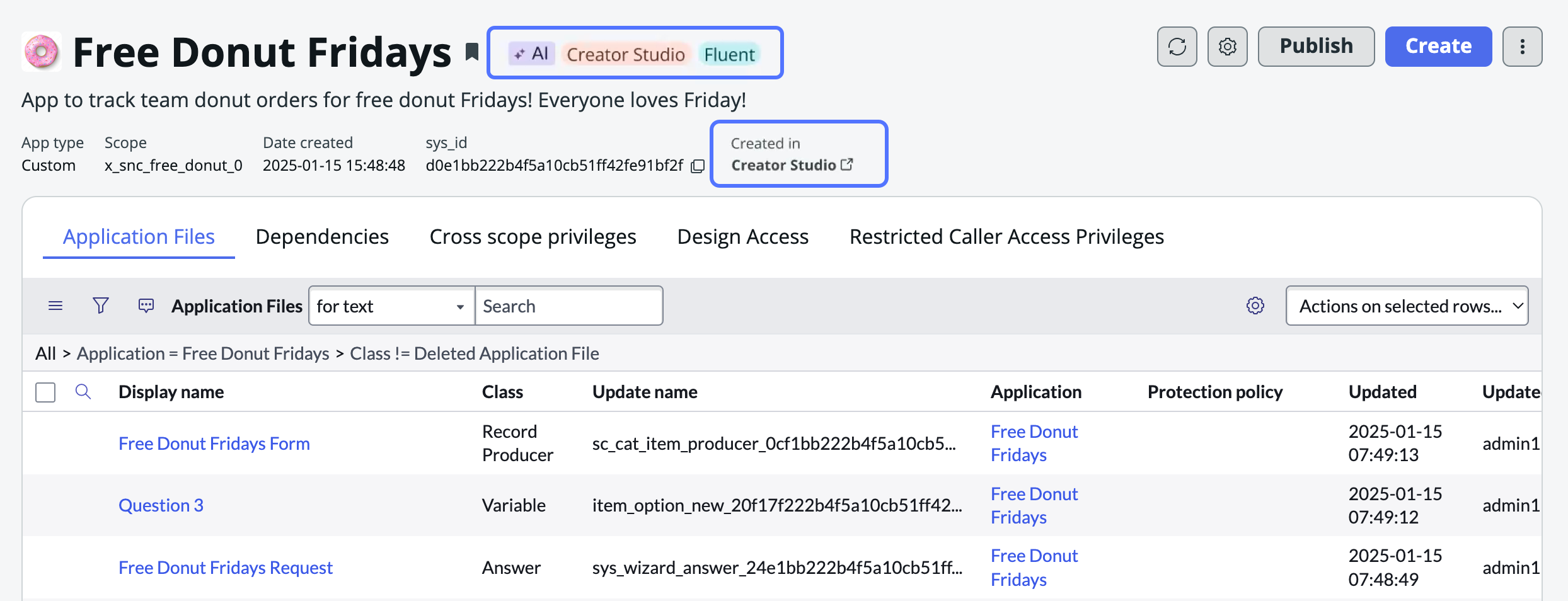 The app details page shows badges for AI, Creator Studio, and Fluent to let you know where the app was created and may need to be deployed.