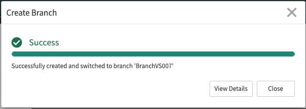 Create Branch window showing the success message.