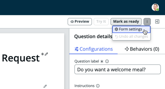 Menu option to edit form settings