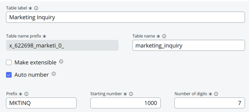 Configure the options for the Marketing inquiry table.