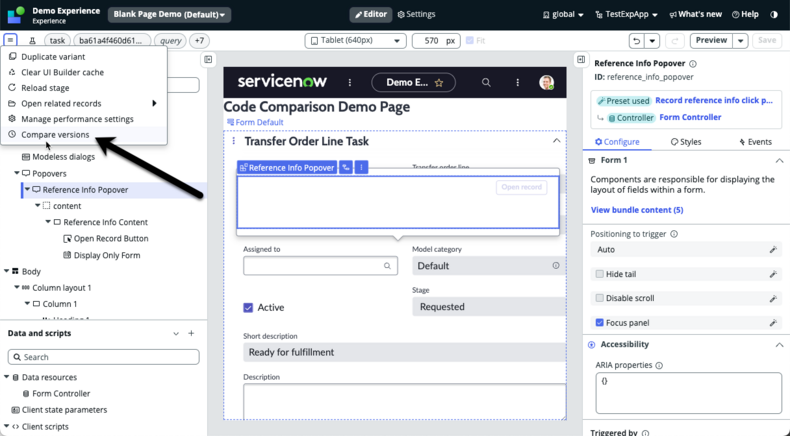 Arrow pointing to the compare versions option in the UI Builder menu.