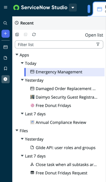 Use the Recent section of the Navigator panel to access recently opened files and apps.