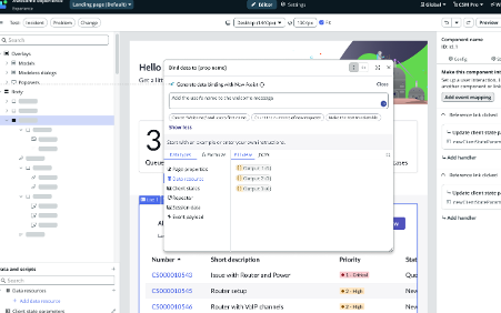A data binding panel in ServiceNow UI Builder, where users enter natural language prompts to generate formulas, preview results, and bind data to page components.