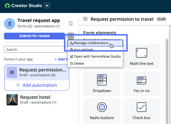Select the more options menu to manage collaborators