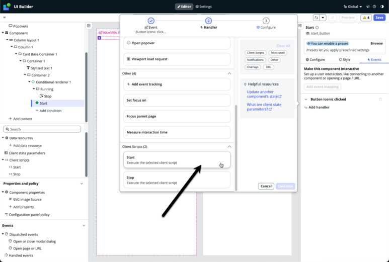 Add event handler modal with an arrow pointing to a client script labeled "Start."