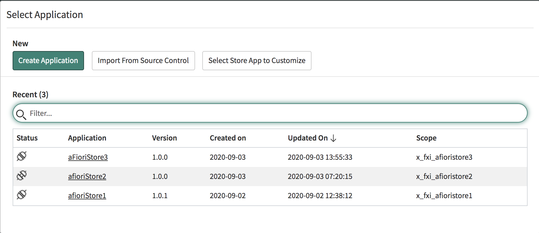 The Select Application modal dialog with options to create application, import from source control or open an existing application.