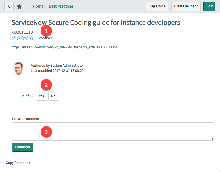 Page displaying KB0011110 "ServiceNow Secure Coding guide for Instance developers"