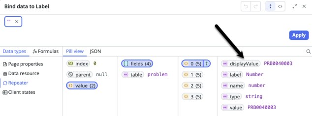 Data binding modal with black arrow pointing to display value pill.