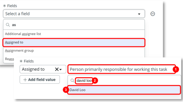 Select Assigned to as the field and David Loo as the assignee.