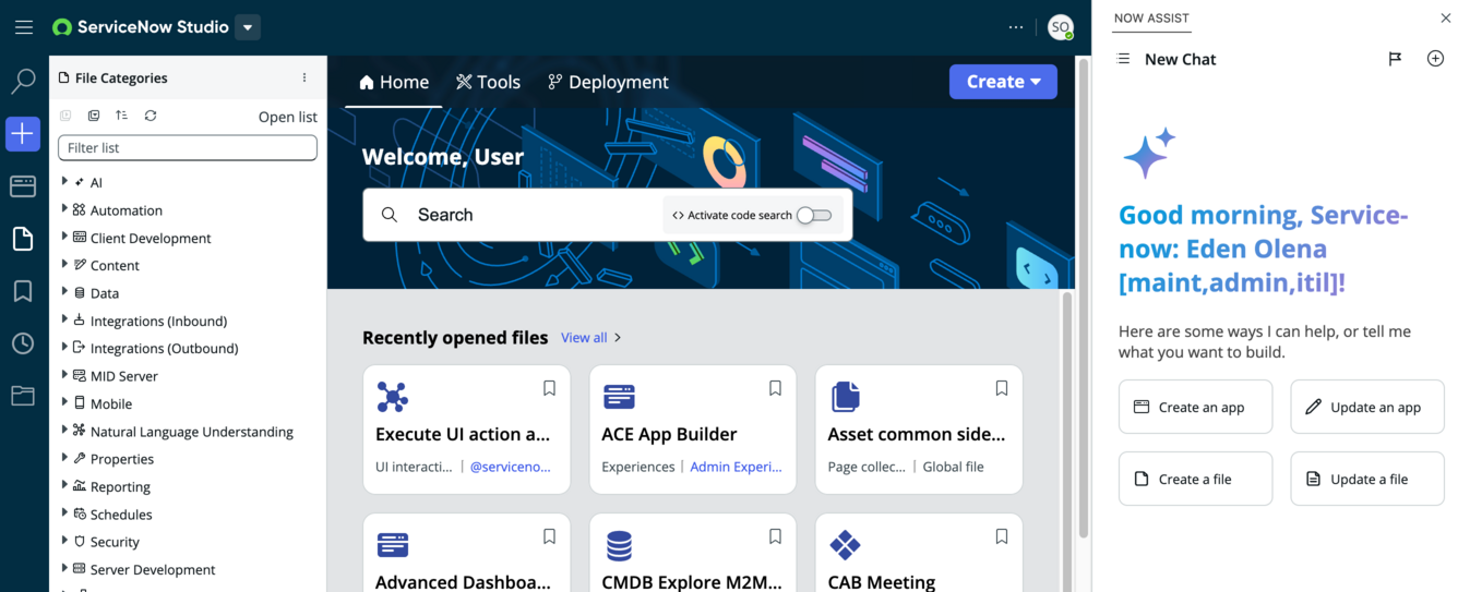 The Now Assist panel opens Build Agent with any new ServiceNow Studio session.