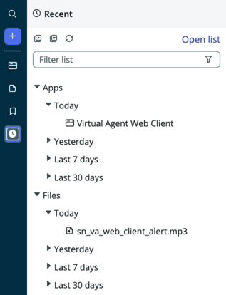 The Navigator panel is open to the Recent tab, which displays recently opened apps and files.