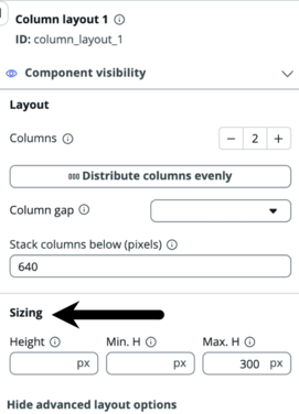 Configuration panel with black arrow pointing to advanced sizing option.