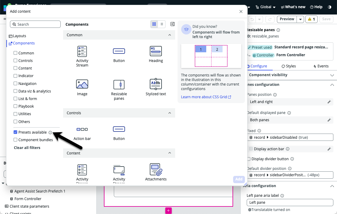 Components tab showing components with preset label highlighted.