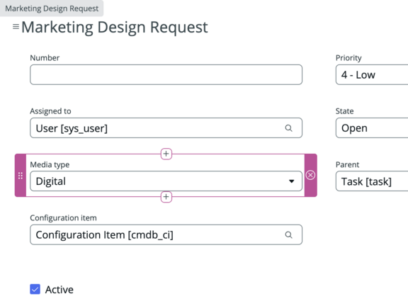 After adding the Media type field to the form, the field appears highlighted on the form.