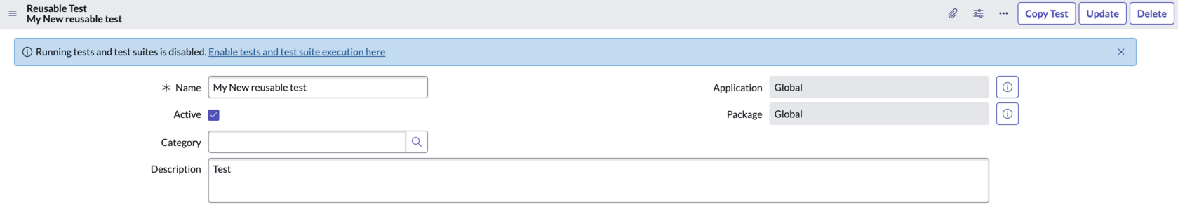 Screenshots showing the reusable test form