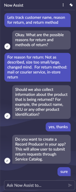 Conversation stage showing the back-and-forth conversation between the user and Now Assist in refining the application requirements.
